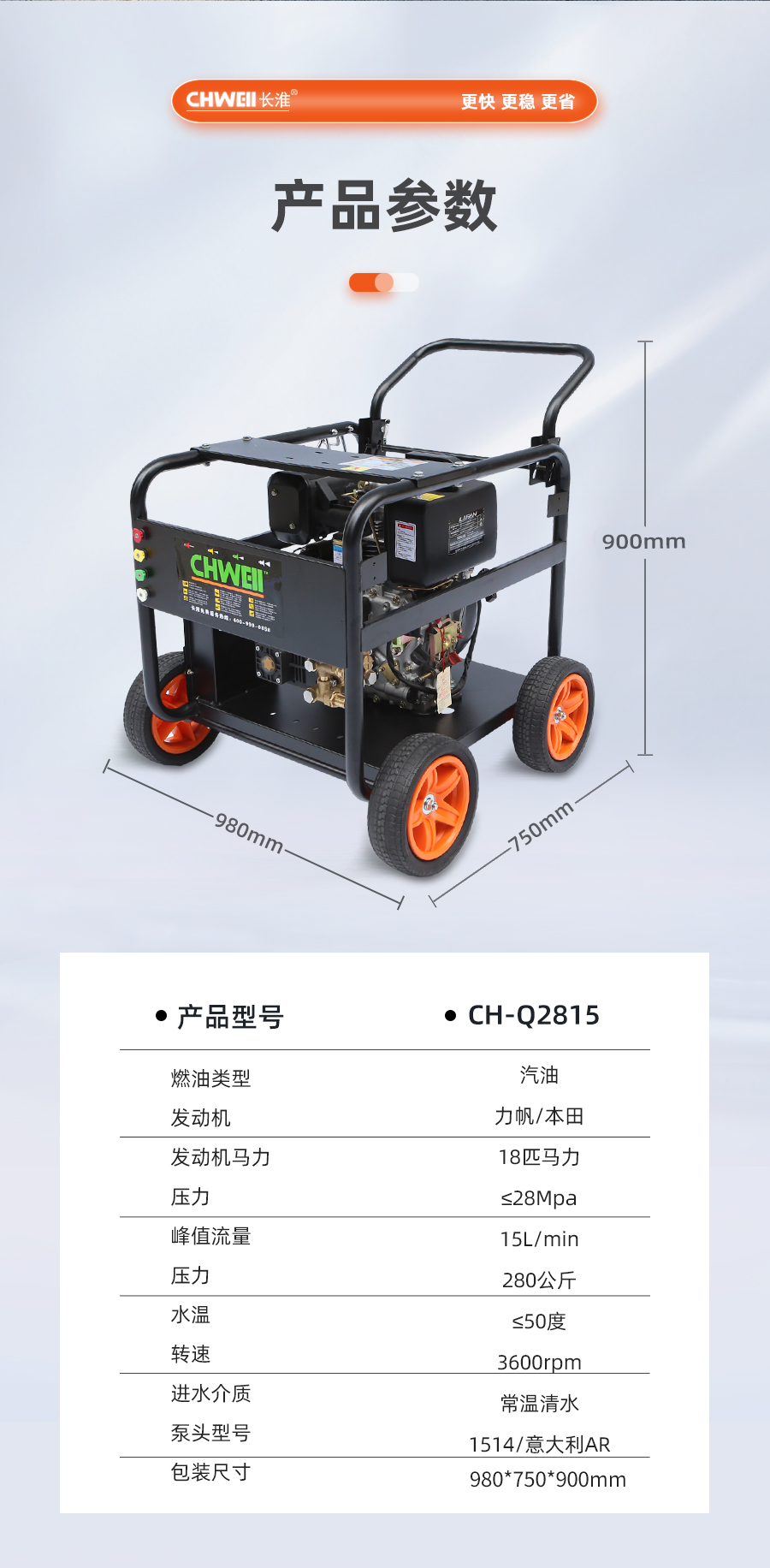 长淮CH-Q2815单缸汽油高压清洗机产品参数
