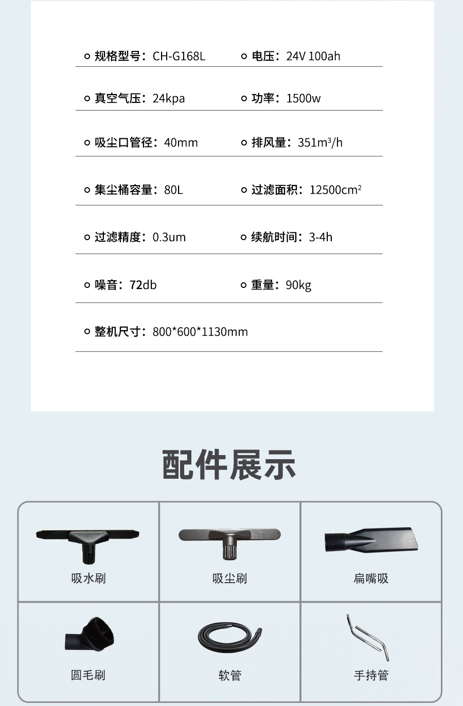 长淮CH-G168L电瓶简易工业吸尘器参数与配件