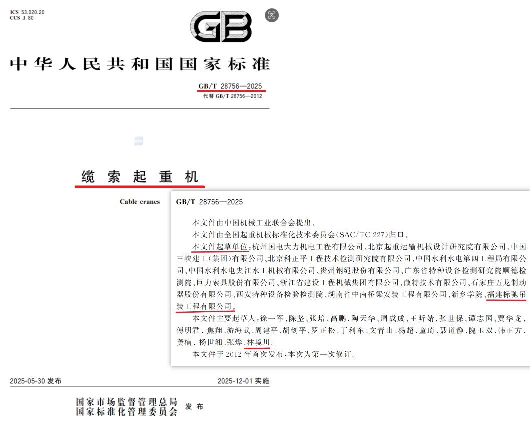 GB/T 28756-2025缆索起重机国标起草单位