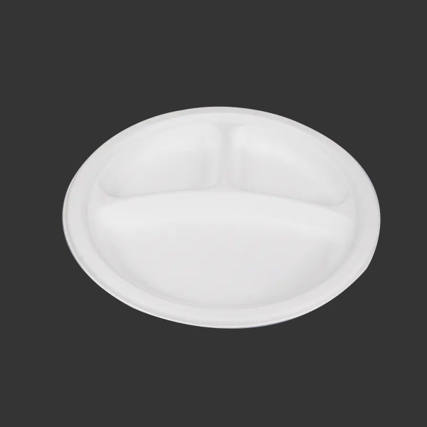 9'' Biodegradable Sugarcane Bagasse 3 Compartment Round Plates