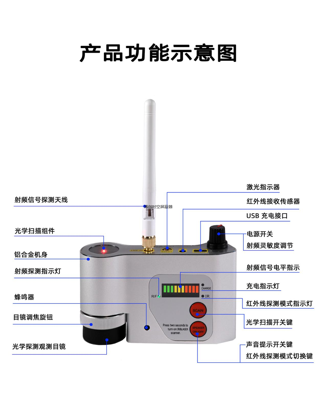 博创时空CS-301型摄像头检测器防红外探测仪防盗报警器家用酒店反监控神器