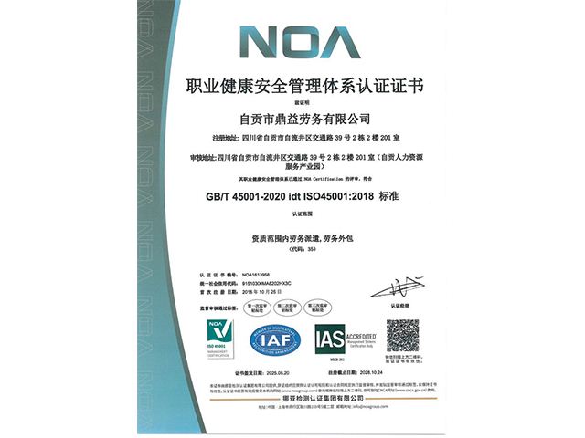 職業(yè)健康安全管理體系認證證書(shū)（2025）中文