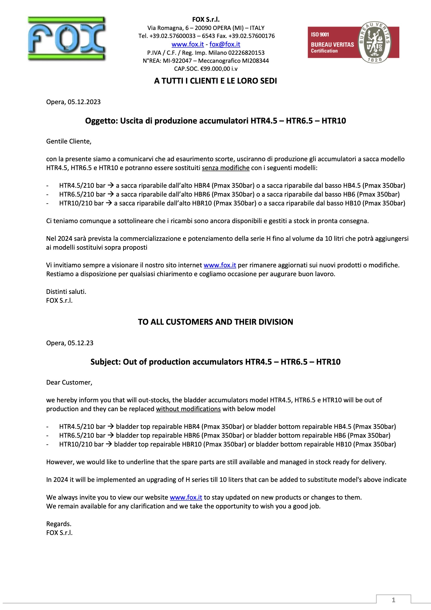 意大利FOX HTR 蓄能器停产替代方案