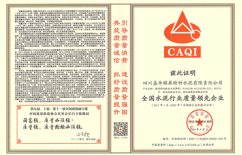 全国水泥行业质量领先企业