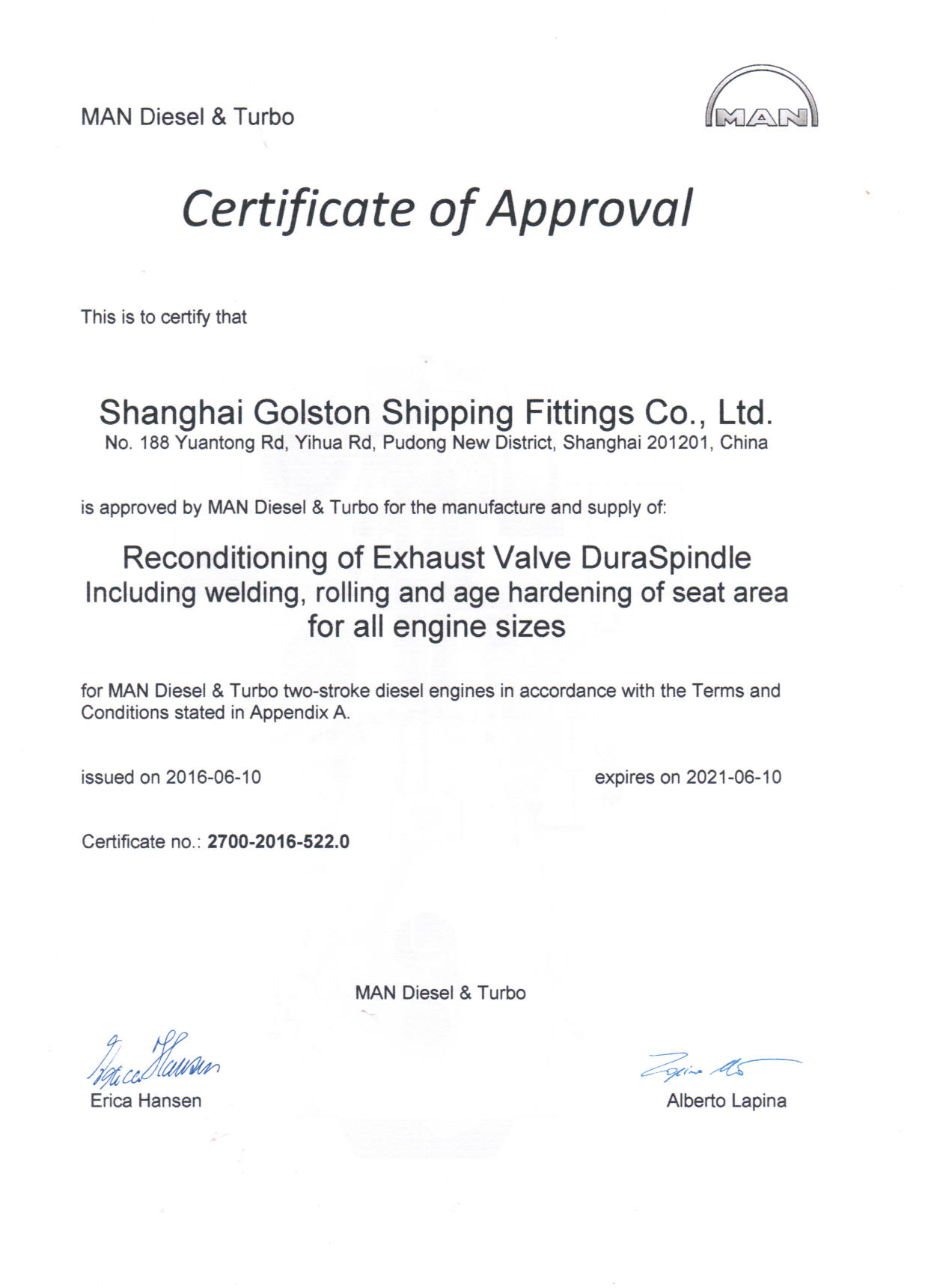 MAN二冲程气阀翻新制造认证