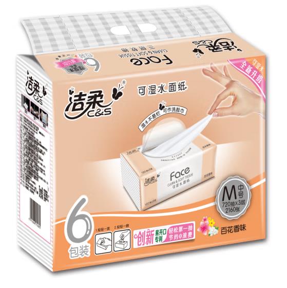 洁柔Face软包可湿水面巾纸 百花香 3层120抽*72包/箱