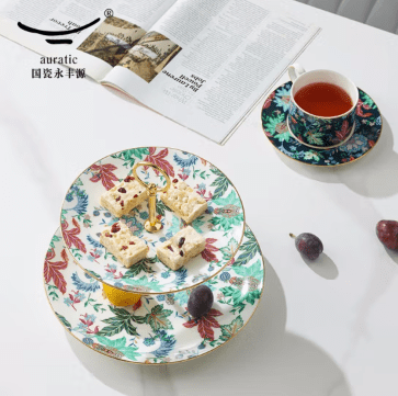 国瓷永丰源（auratic） 幸福满园 蛋糕具 双层点心盘家用 陶瓷果盘下午茶 2层蛋糕具