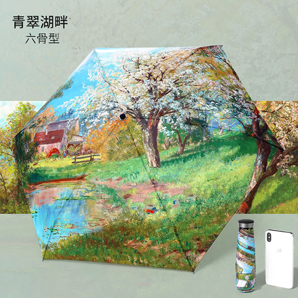 油画雨伞五折超轻伞，铝骨纤维架小巧，数码印满版印花工艺