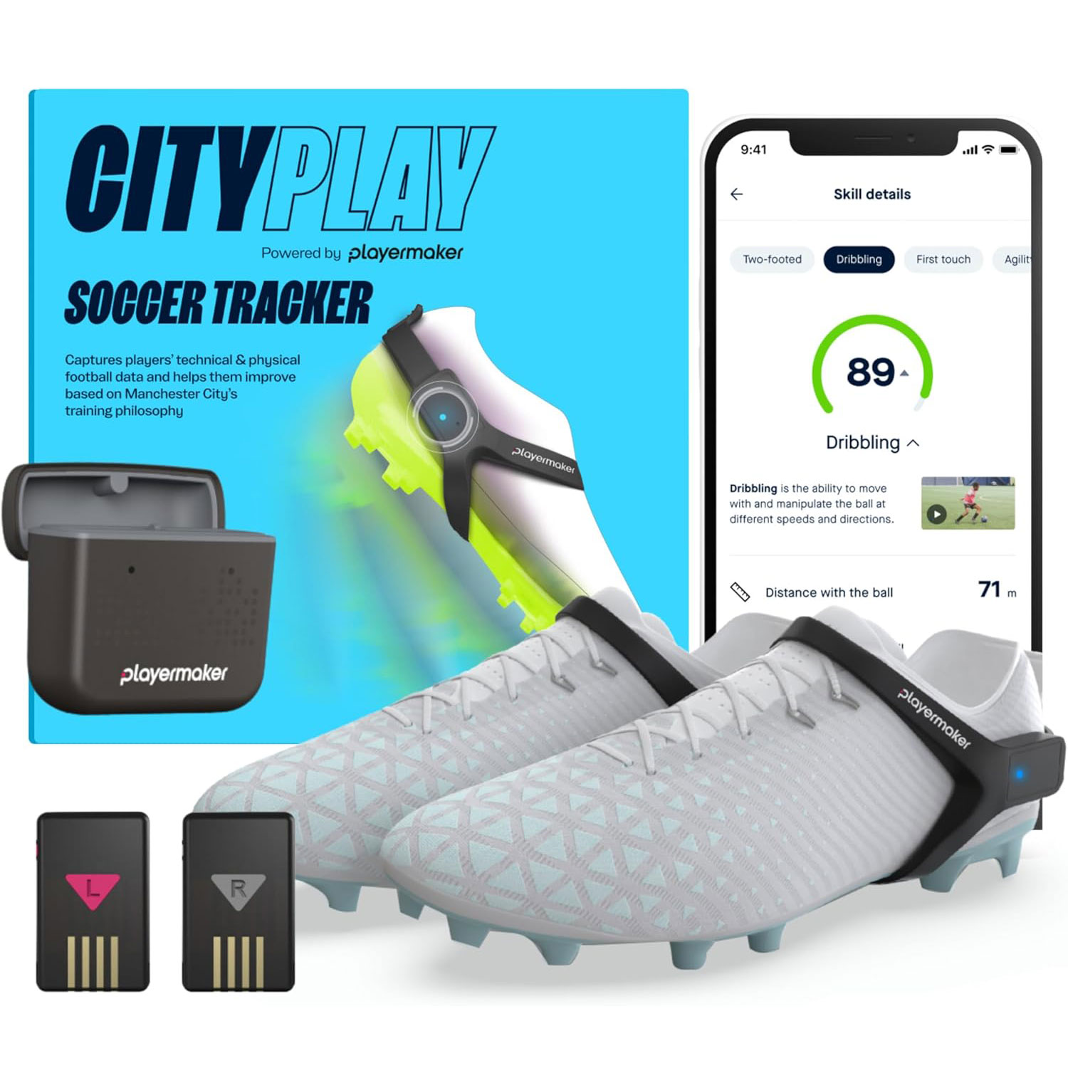 CITYPLAY 智能足球追踪器,适用于 Playermaker 的防滑钉,Track 25+ 技术和物理指标,12 个月可访问CITYPLAY 足球训练应用程序,高级于 GPS