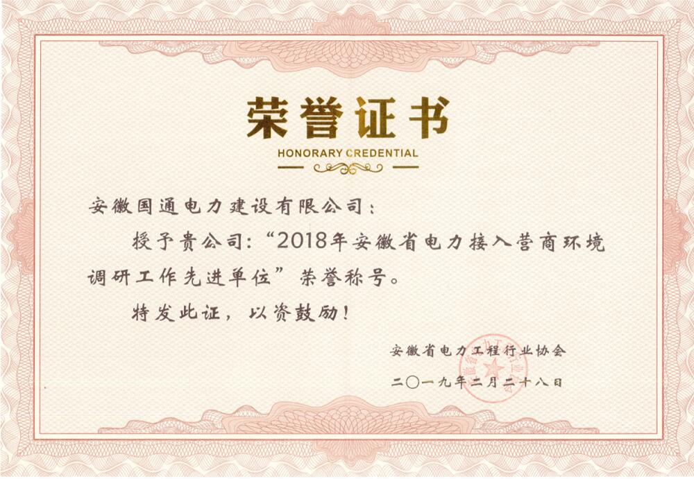 2018年安徽省电力接入营商环境调研工作先进单位