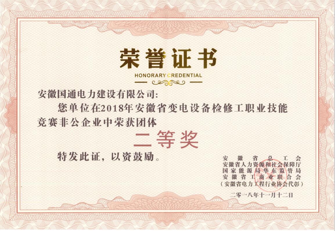 2018年省变电设备检修工职业技能团体二等奖