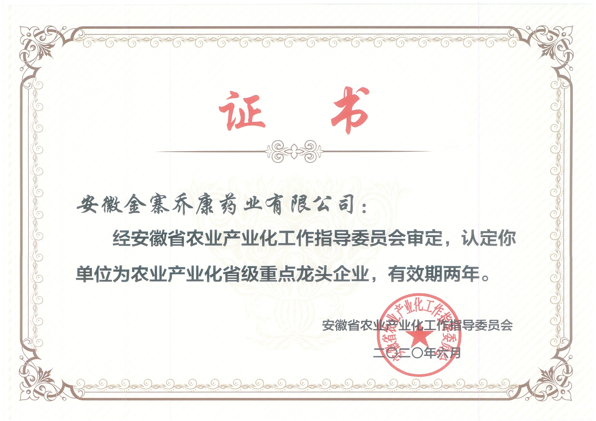 省龙头企业证书