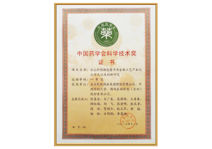 <div style="text-align:center;">
	中国药学会科学技术奖一等奖
</div>