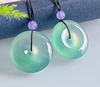 天然翡翠戒指 18k镶嵌平安扣吊坠 冰种飘花手镯女