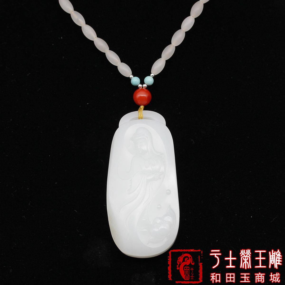 新疆和田玉玉牌挂件作品，编号YSR113莲花观音，50克