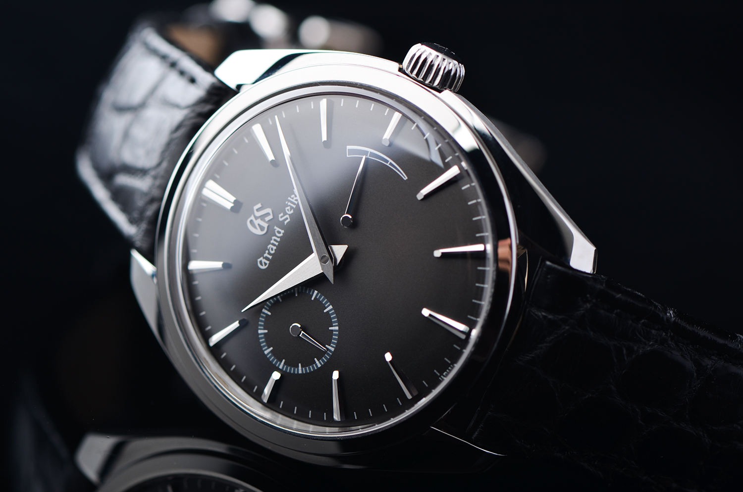 已售出【98新】精工GS黑盘动显小三针手上链折叠扣皮带男表sbgk009G