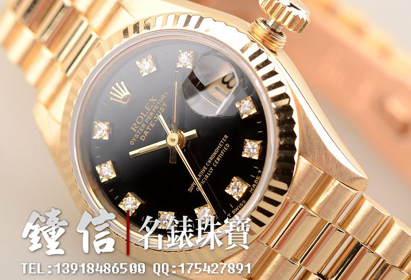已售出【96新】劳力士全黄金日志型黑盘钻石刻度自动机械女表69178