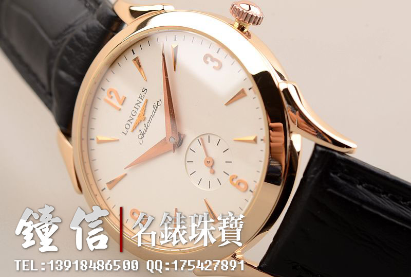 已售出【95新】浪琴18K玫瑰金小三针自动机械33MM皮带女表
