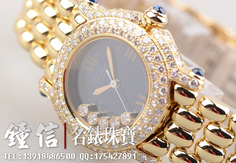 已售出【95新】萧邦全黄金快乐美钻后镶钻蓝盘大三针石英女表