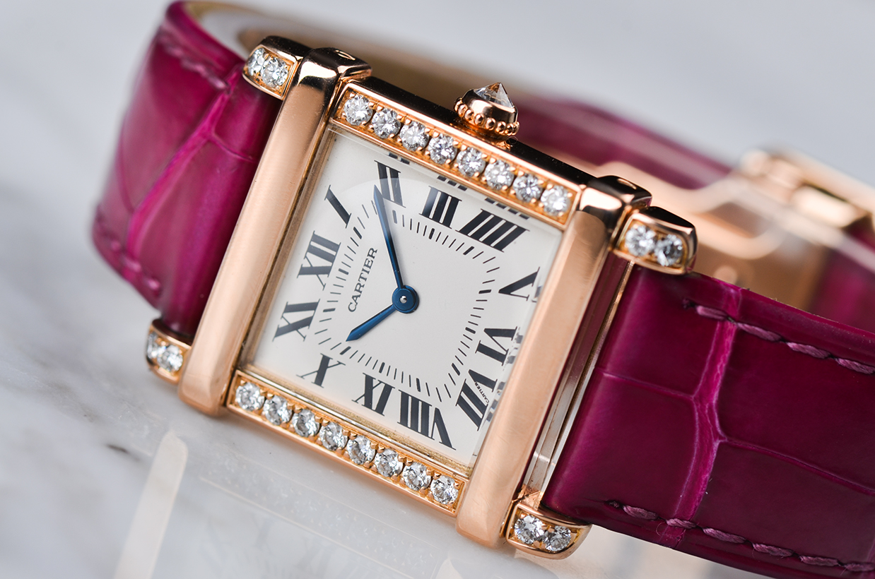已售出【98新】卡地亚中国坦克玫瑰金原镶钻石英折叠扣皮带女表WE300131