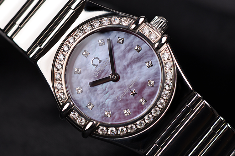 已售出【98新】欧米茄星座美国限量版精钢镶钻紫色贝母面女表1457.78.00