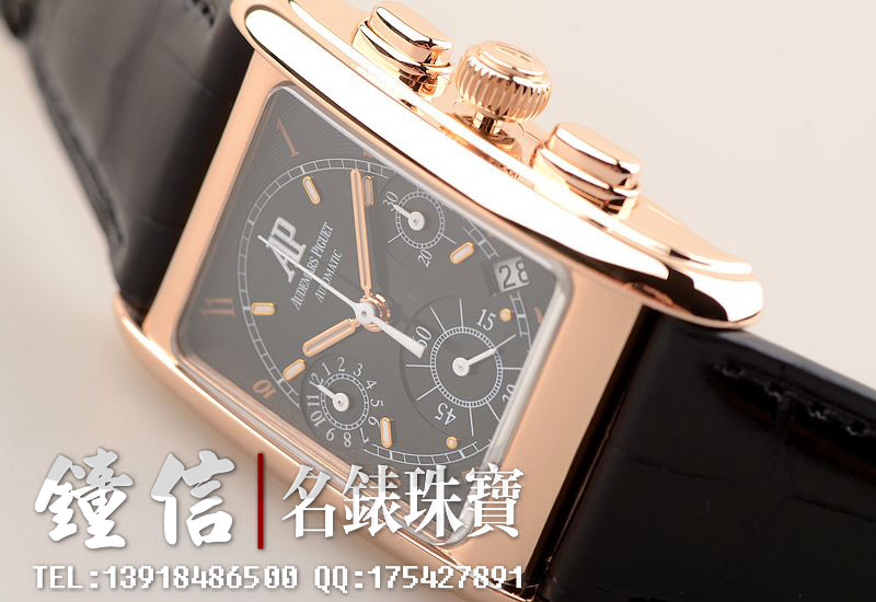 已售出【97新】爱彼向大师致敬系列玫瑰金黑盘自动机械计时日历折叠扣皮带男表
