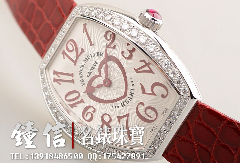 法兰克穆勒HEART精钢镶钻白盘红字石英皮带女表5002M QZ CD 1R