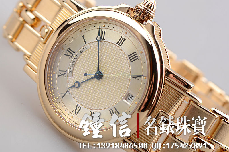 已售出【96新】宝玑奢华全黄金Marine大三针日历香槟色表盘自动机械男表