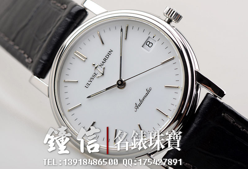 已售出【95新】雅典精钢白盘大三针33MM自动机械皮带男表