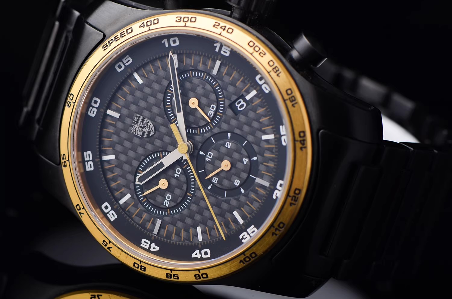 已售出【98新】保时捷限量版PVD钢及碳纤维计时日历石英男表wap0709110J