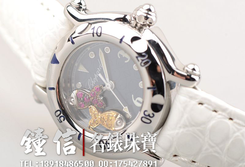 已售出【98新】萧邦精钢快乐小鱼镶钻石英皮带女表27/8923-402