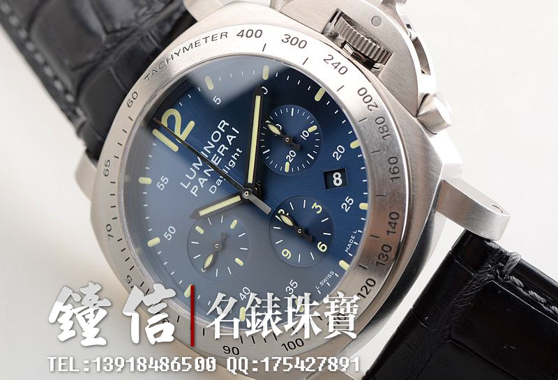 已售出【96新】沛纳海钛金属蓝盘计时日历自动机械皮带男表PAM00326