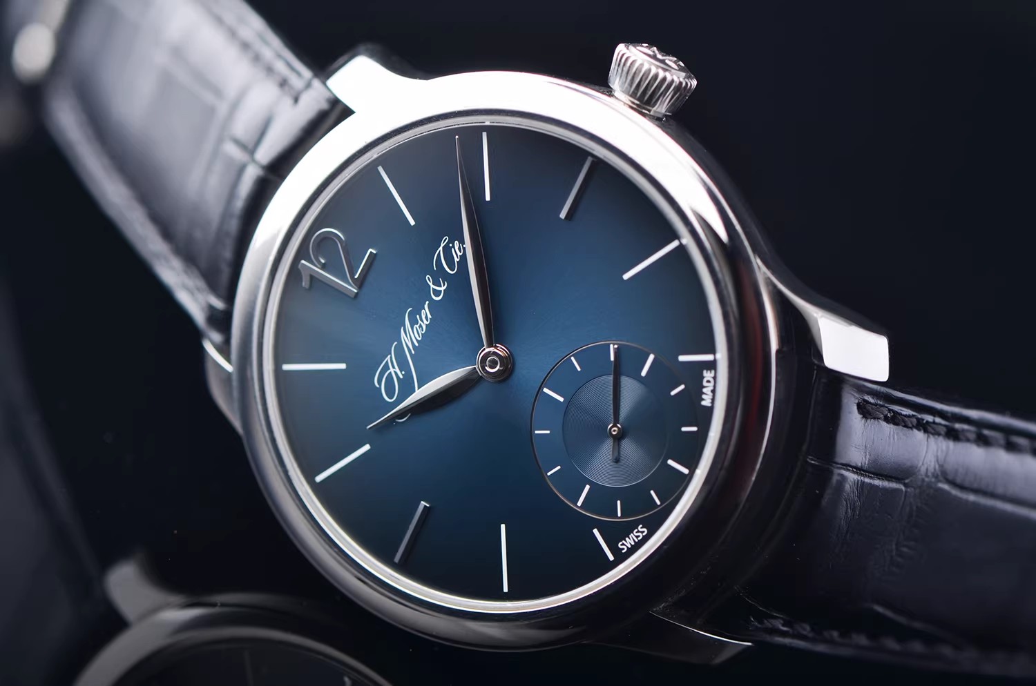 已售出【98新】亨利慕时PD950钯金蓝盘小三针3天链皮带男表1321-0601