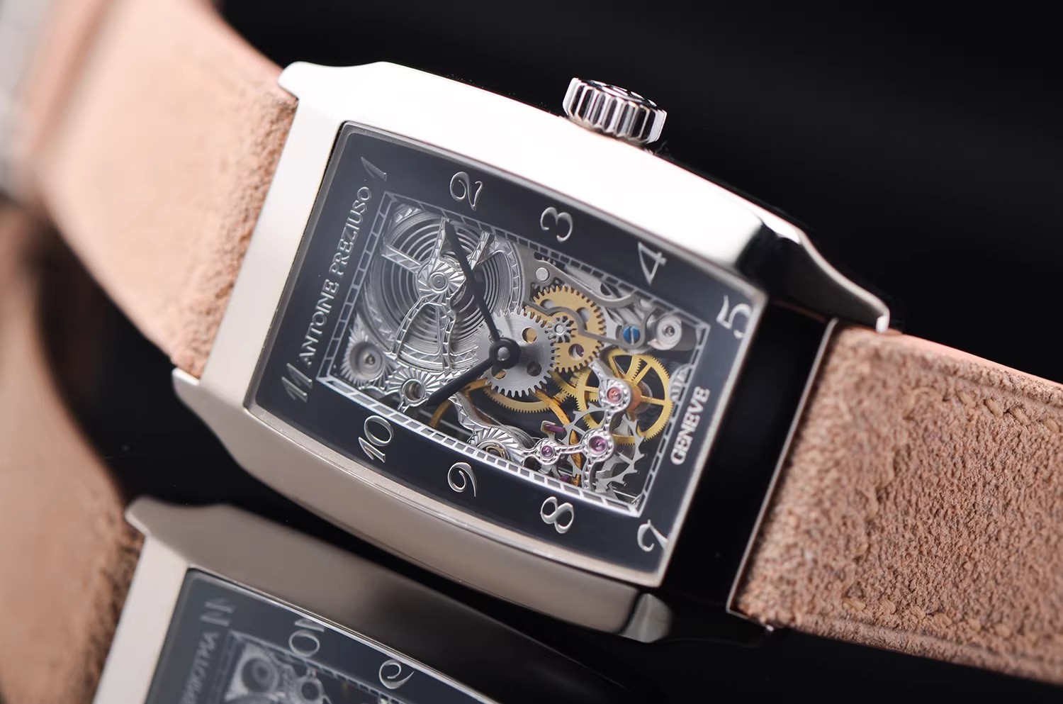 已售出【98新】安东尼裴修素时代广场限量白金镂空表盘手上链皮带男表