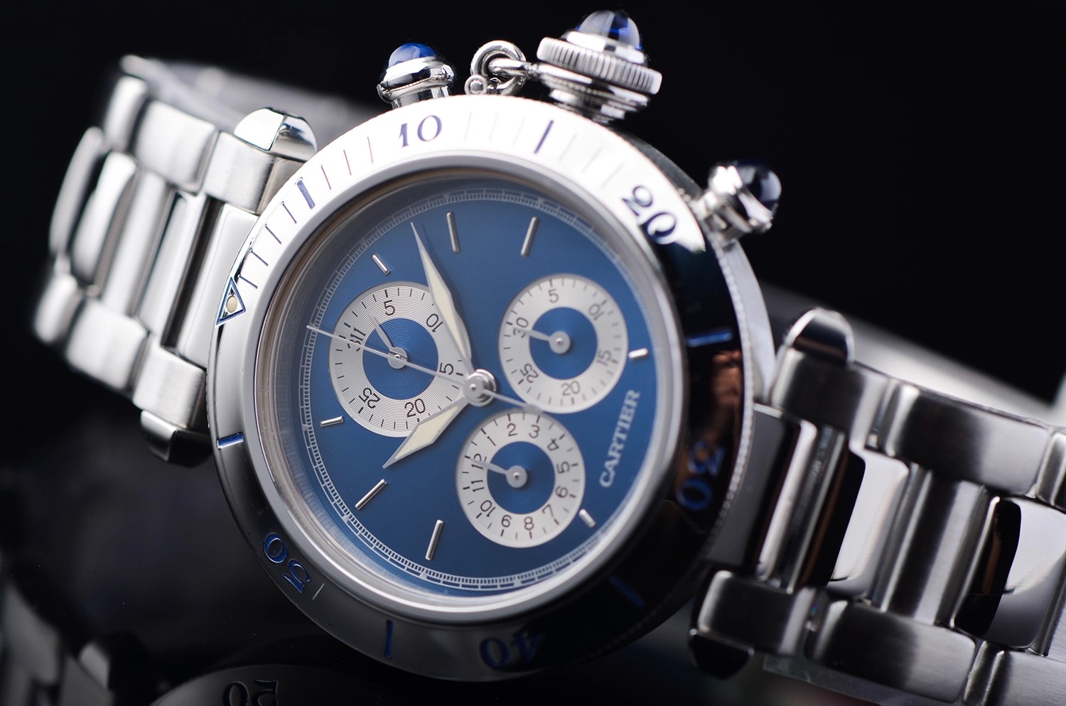 【98新】卡地亚帕莎蓝盘万年历计时石英钢带女表W31019H2