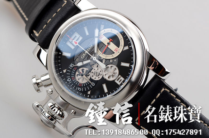 已售出【98新】格林汉姆R.A.C. SKELETON限量版导柱轮机芯镂空计时左撇子男表
