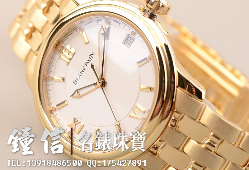 已售出【96新】宝珀奢华全黄金莱芒湖大三针日历自动机械男表2100-1418-31