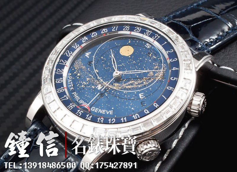 百达翡丽天体月相镶钻白金自动机械皮带男表6104G