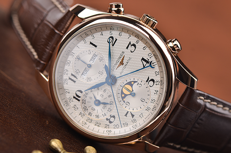 已售出【97新】浪琴名匠玫瑰金全历月相计时自动机械男表L2.673.8.78.5