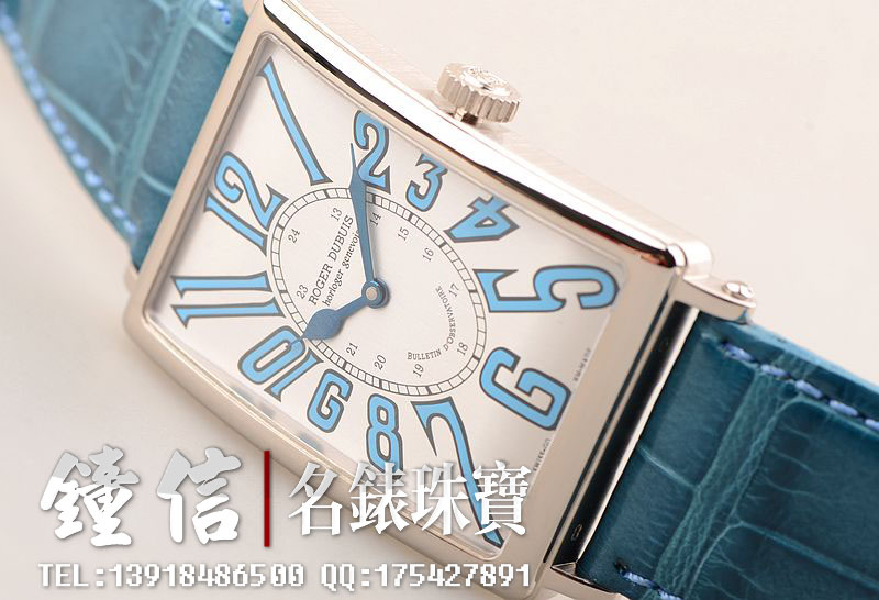 已售出【97新】罗杰杜彼白金长方形限量28只白盘蓝色阿拉伯数字刻度两针自动机械皮带男表