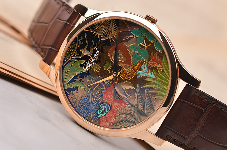 已售出【97新】萧邦LUC玫瑰金漆绘表盘自动机械皮带男表161902-5050