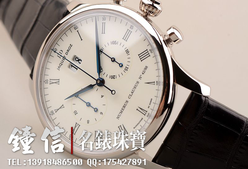 已售出【97新】雅克德罗限量白金大明火珐琅大日历自动机械计时皮带男表J024034201