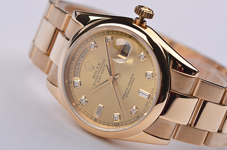 已售出【98新】劳力士DD全黄金刻度钻金色面面星期日历自动男表118208