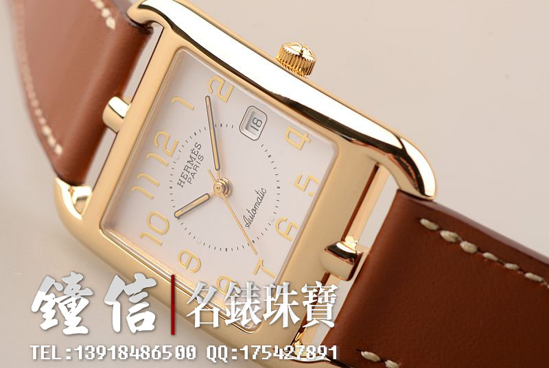 已售出【98新】爱马仕黄金白盘大三针日历自动机械折叠扣皮带女表