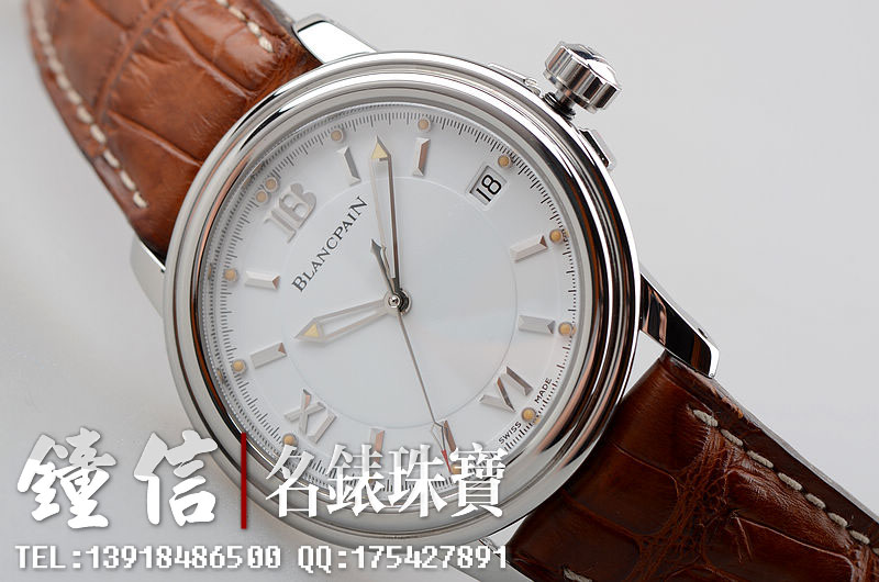 已售出【96新】宝珀白盘大三针日历100小时长动力皮带男表2100-1127-53b