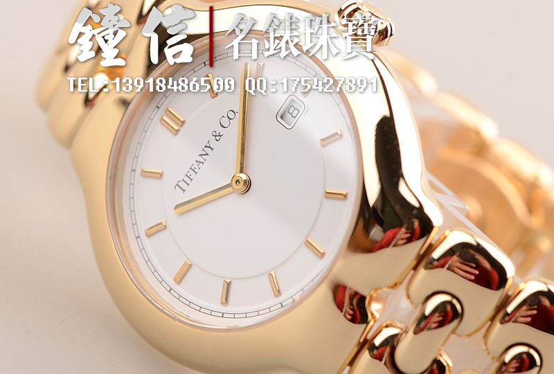 已售出【96新】TIFFANY全黄金白盘条钉刻度两针日历33MM石英女表
