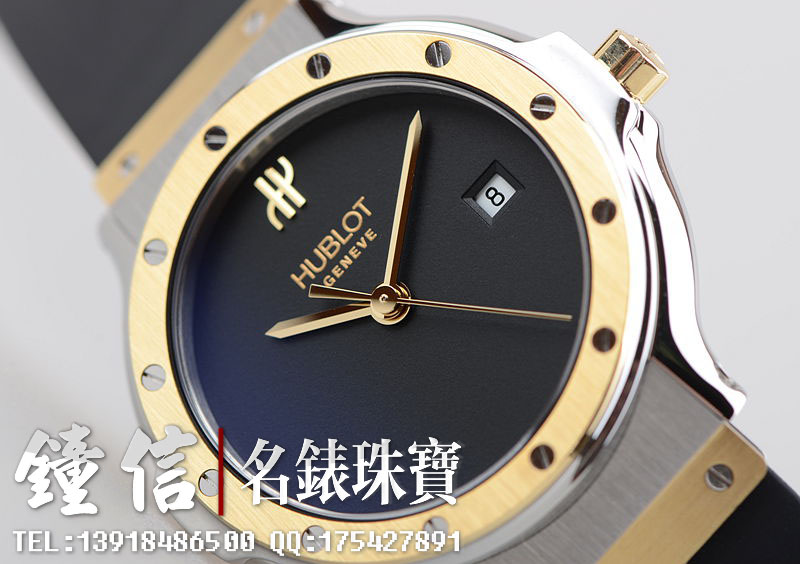 已售出【99新】宇舶18K黄金及钢石英大三针日历28MM橡胶带女表1395.100.2