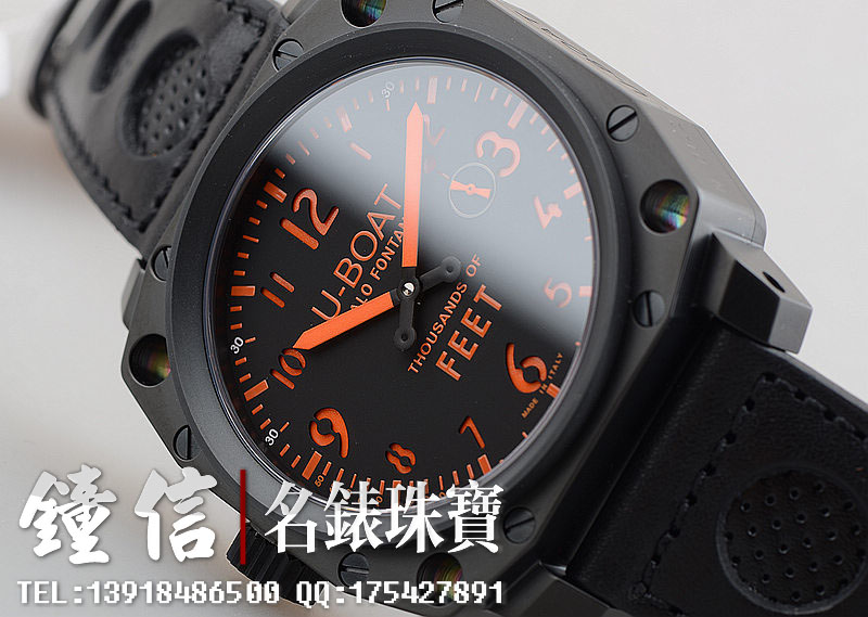 已售出【98新】U-BOAT优舶大型PVD黑钢橙色刻度指针手上链左撇子皮带潜水艇男表