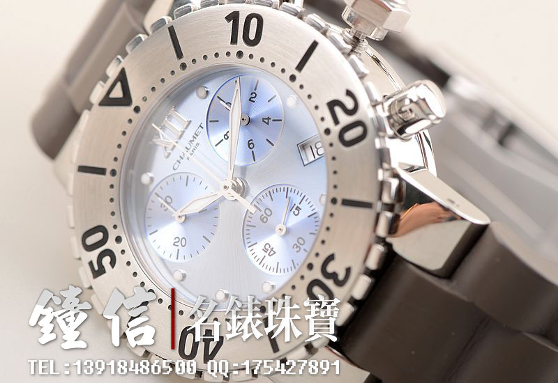 已售出【96新】尚美巴黎精钢蓝盘石英计时日历胶带女表