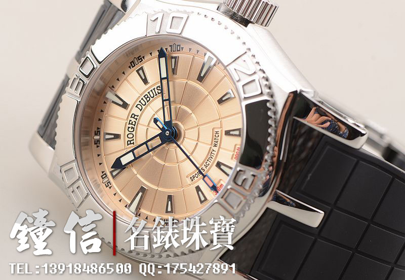 已售出【97新】罗杰杜彼EASY DIVER潜水300M香槟面大三针自动机械限量888只胶带男表